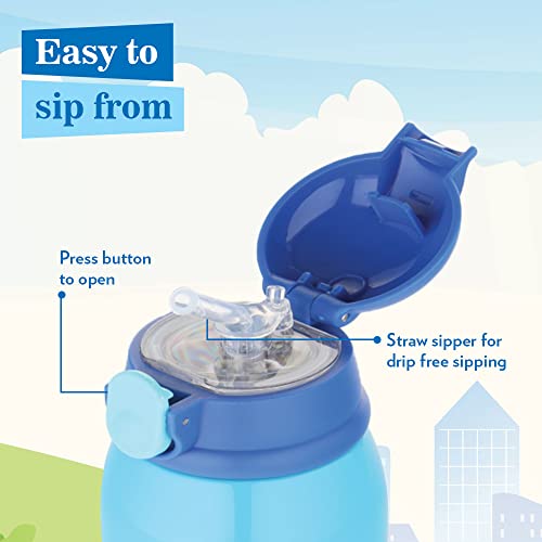 Image of Borosil Superhero 500 ml Stainless Steel Kids Sipper Water Bottle | Double Wall Vacuum Insulated Flask | 12 Hours Hot & Cold | Leakproof, BPA Free | 1 Year Warranty, Blue