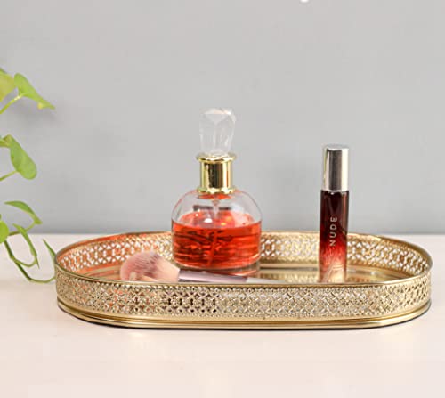 Image of Craft Brio -A TRENDY HANDICRAFTS Oval Glass Mirror Gold Plated Tray Decorative Vanity Perfume Storage Pooja Wedding Diwali Gifting Trays (28 X 16 cm)