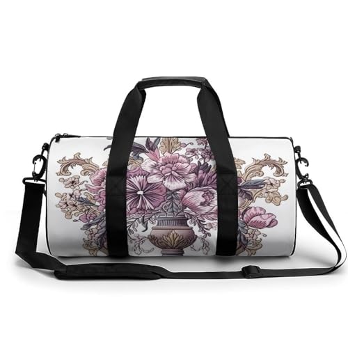 Sac de voyage grande capacité en toile blanche avec imprimé fleuri violet de 45 cm