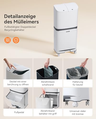 Warmiehomy Mülleimer Küche 2 Fächer, 36x20x79cm 48 Liter Große Doppelmülleimer aus Kunststoff Mülltrennsystem, Integrierter abnehmbarer Mülleimer mit Deckel auf Rädern Abfalleimer Küche (Weiß)