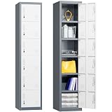 Greenvelly 72' Locker, Metal Lockers for Employees with 6 Doors and Keys, 6-Tiers Lockable Steel Storage Locker for Gym,School,Office,Sports,Card Slots,Vents(Grey White)