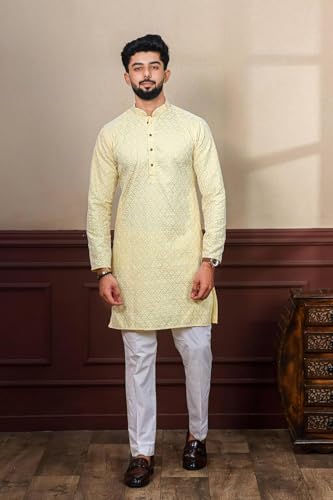 Image of LookMark Men's Printed Silk Blend Kurta with Mandarin Collar, Full Sleeves, Straight Fit Traditional Ethnic Wear