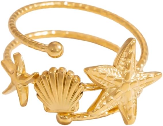 Bohemian Starfish Shell Finger Statement Ring for Women Gold Plated Dainty Seashell Star Wrap Open Adjustable Layered Thin Band Stacking Comfort Fit Stainless Steel Summer Beach Ocean Holiday Jewelry
