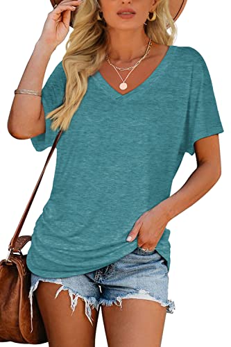 Image of WIHOLL Womens Summer T-Shirts Short Sleeve V Neck Dolman Tops with Side Shirring Loose Fit Shirts Spring Fashion