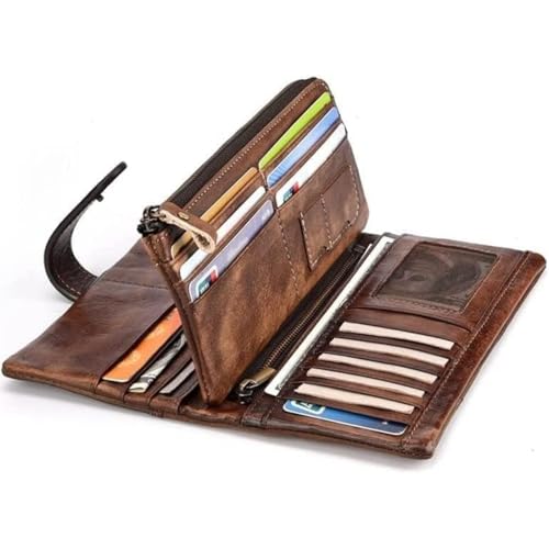 Vintage Genuine Leather Long Wallet Men Women Credit Card Holder Purse Zipper Business Moible Phone Wallet Best Choice (brown)2
