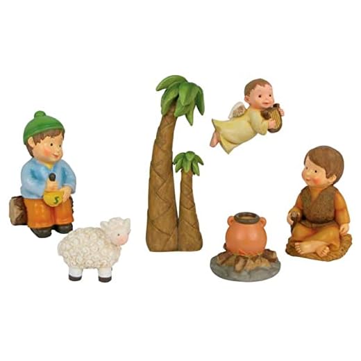 Set de 5 Figuras anunciación Naïf para belén navideño, marmolina, 2 Campesinos, ángel, Palmera, Oveja y fogata, decoración Nacimiento, 8 cm.