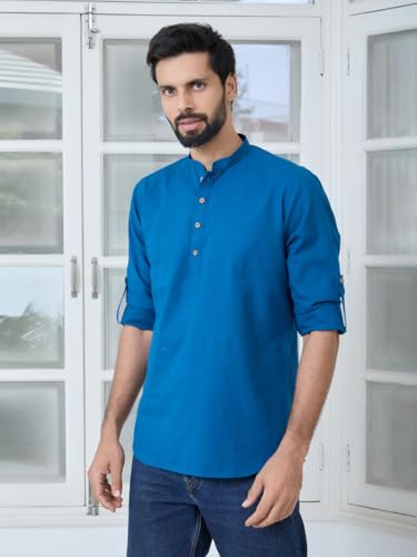 Image of See Designs Men's Roll-Up Sleeve Mandarin Collar Cotton Solid Short Kurta (Pack of 2) - Festive Collection