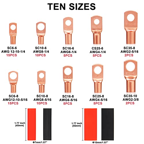 150Pcs Battery Cable Ends Awg 2 4 6 8 10 Gauge Wire Connectors,Copper Ring Terminals With Heat Shrink Set,74 Pcs Battery Terminal Connectors Cable Lugs Ring With 76Pcs Heat Shrink Tubing Kit #TOP1