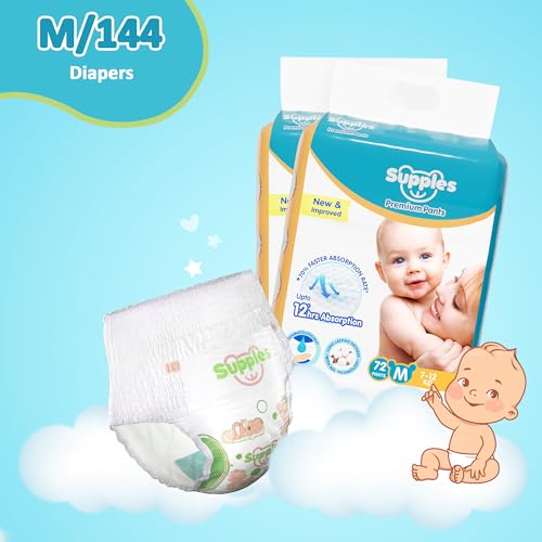 Image of Amazon Brand - Supples Premium Baby Diaper Pants | 144 Baby Diapers | Medium | 7-12 Kg | 12 Hrs Absorption | Cushiony Cotton Soft Fabric | Phthalates-Free | Triple Leak Guard | 72 Count, Pack of 6