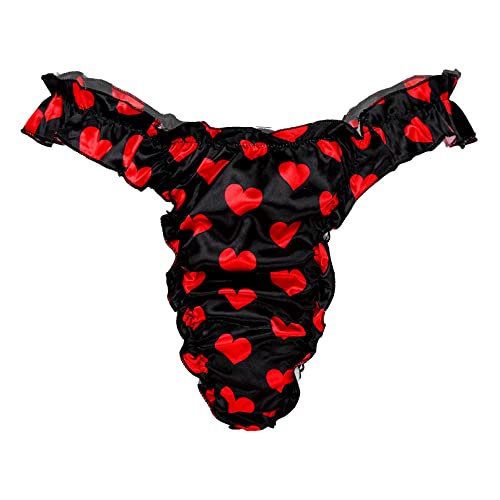 Yizyif Men's Silky Shiny Satin Flutter Ruffled Sissy Thongs Crossdress Underwear Heart Black Xx-Large #TOP12