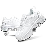 Roller Skate Shoes for Girls, Boys, 2-in-1 Skating Shoes for Man, Women, Retractable Wheels Sneakers for Kids, Deformation Sneakers Outdoor, White(3.5US)