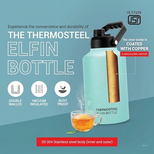 Image of 2 Liters Insulated Stainless Steel Water Bottle - 6 Hours Hot & Cold, Leakproof Thermos for Gym, Travel, and Office | Dishwasher Safe, Anti-Slip Base,Handle, (Cyan,2000ml)