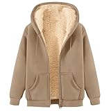 Sweatshirtjacke Damen mit Kapuze Teddy Fleece Gefütterte Winter Warm Dicke Winterjacke Thermo Sweatjacke Kuschel Sherpa Plüsch Reissverschlüsse Basic Baumwolle Kaschmir Wintermantel, Khaki, 3XL