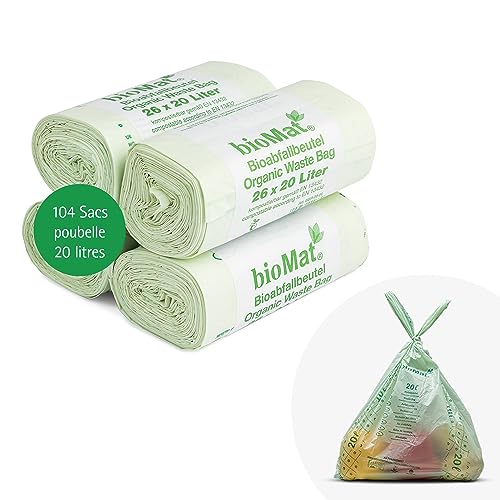 bioMat Sac Poubelle Compostable 20l avec Poignée, 104 sacs, Qualité Supérieure, Certifié DINplus, Fabriqué en Allemagne