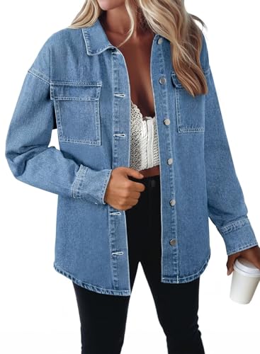 Astylish Women's Oversized Denim Button-Down Jacket Shacket Shirt Chambray Beach