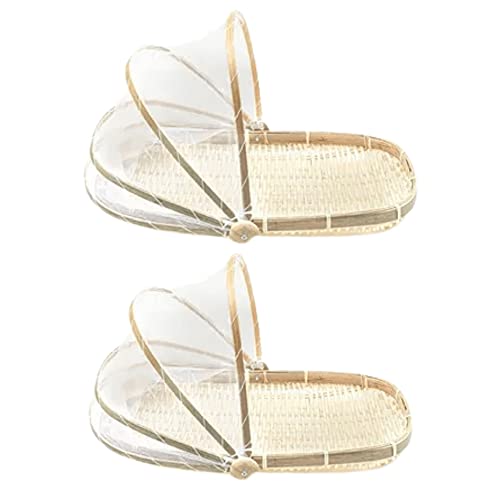 Conjunto 2 Cestos Porta Pão Bolo Bambu Cobertura Retrátil Retangular Artesanal 42 x 27 x 5cm