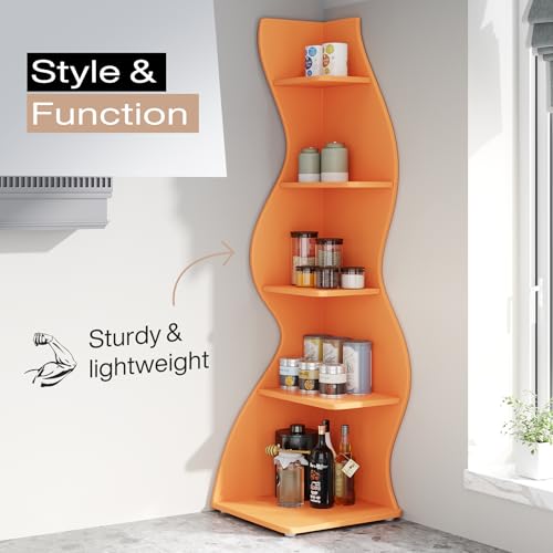 Image of Tribesigns Corner Shelf, Modern 5-Tier Wall Corner Bookshelf, Stylish Corner Small Bookcase Storage Rack Plant Stand with Unique Shape for Living Room, Home Office (Orange, 2PCS)