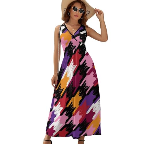 Robe Maxi sans Manches en Couleur Abstraite avec Col V Fluide et Léger