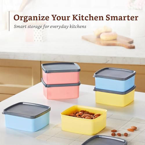 Image of Amazon Brand - Solimo Plastic Storage Container Set With Airtight Lid | BPA-Free Plastic | Microwave Safe | Dishwasher Safe | Kitchen & Outdoor Storage | 550ml | Multicolour | Set of 6