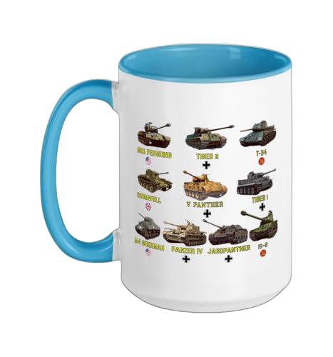 Top Ten Best WW2 Tanks M4 Sherman Panzer IV Tiger II T-34 Ceramic Mug, Blue/White, 15oz