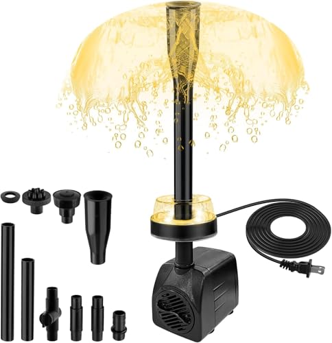 CREPOW 15W 800L/H Submersible Pond Fountain Pump with LED Lights Ultra Quiet Water Pump Pond Fountain Pumps for Small Pond Garden Aquarium Fish Tank Indoor Outdoor Fountain 3 Type Nozzle (Warm)