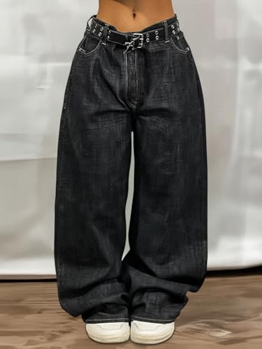 Image of EMMIOL Women Hip Hop 90s Vintage Baggy Jeans Denim Pants Mid Waist Jeans