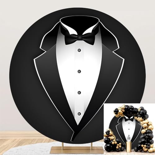 OERJU Tuxedo Round Backdrop Cover Black and White Bow Tie Suit Circle Backdrop for Men Gentleman Boy Birthday Baby Shower Party Decorations Supplies Photography Background 6.5ft