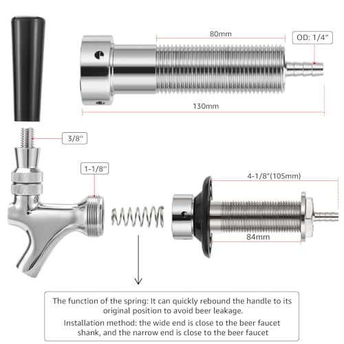 4-1/8'' Draft Beer Faucet Shank Kit, Stainless Steel Core Brass Body Beer Tap, No Stick No Leak O.D 1/4" Barb Keg Faucet with Self-Closing Spring Spanner Wrench by WELLBOM - Image 2