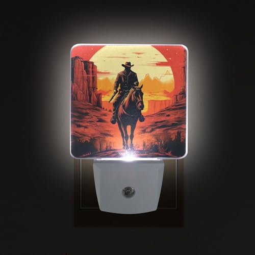 Image of Sunset Cowboy Horse Night Lights 2 Pack Plug-in Wall Led Nightlight Auto Dusk-to-Dawn Sensor Lamps for Bedroom Kitchen Bathroom