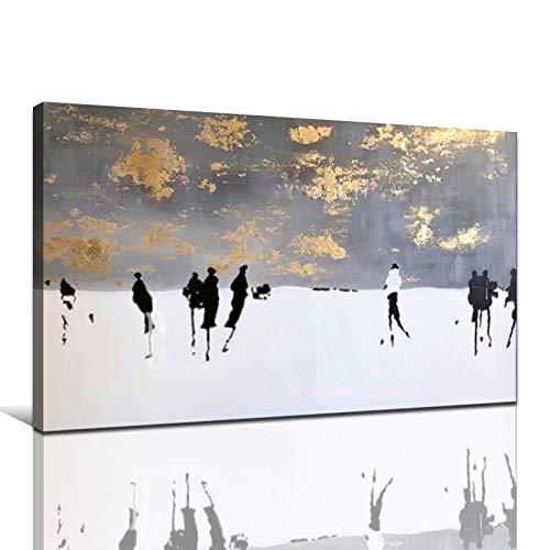 Orlco Art Handgemaltes Ölgemälde auf Leinwand, abstraktes Gold und Weiß, Ölgemälde für Wohnzimmer (grau, 60 x 90 cm) mit der gedehnten Wandkunst Cover