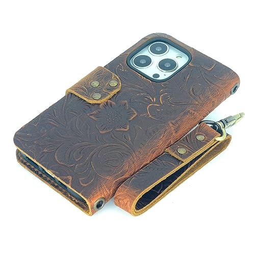 JJNUSA Leather Wallet Case Compatible with iPhone 15 Pro Handmade Genuine Distressed Leather Flip Cover with Wristlet Brown