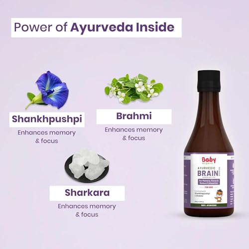 Image of BabyOrgano Shankhpushpi Syrup for Kids 5+ Years | Brahmi Shankhpushpi & Sharkara | Ayurvedic Brain Tonic & Memory Booster | Focus Concentration & Learning | No Refined Sugar | AYUSH Approved | 200ml (Pack of 1)