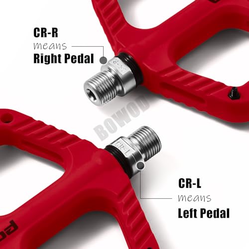 BOWOD Bicycle Pedals Mountain Bike Pedals Adult, Non-Slip MTB Pedals Flat, Light and Large Nylon Fiber Platform Pedals, Grippy Composite Pedals w 12Pins w Cr-Mo Axel, Red Pedals for BMX MTB Bike 9/16\"