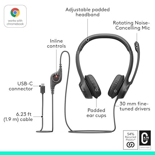 Image of Logitech H391 Wired Headset for PC /Laptop, Stereo Headphones with Noise Canceling Microphone, USB-C, in-Line Controls, Works with Chromebook - Graphite (Pack of 12)