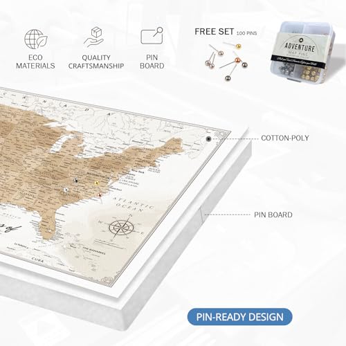 Image of IPIC - Custom Canvas USA Map for Wall Decor, Push Pin Board Decor to Mark Travels, Personalized Artwork with Names and Message on, Oversize USA Travel Map Print for Home, Office, Study, and RV