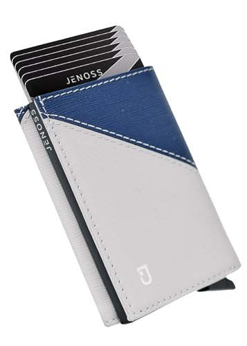 Jenoss Smart Wallet For Men: Full Grain Leather, Handcrafted, Slide Metal Pop Up Case, Slim RFID Blocking Credit Card Holder, Minimalist, Compact 12 Cards Slot Organizers, ID, Money Clip (Grey & Navy)
