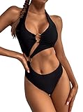 Hilinker Women's O-Ring Cutout Halter One Piece Swimsuit High Cut Bathing Suit Black Medium