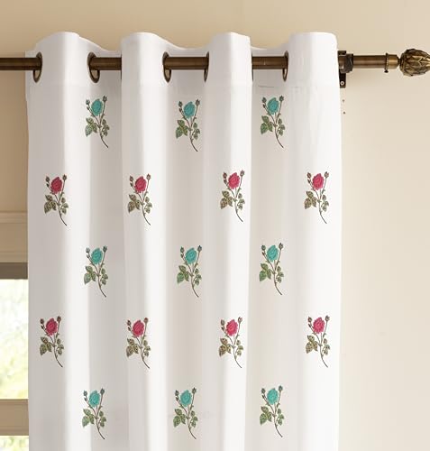 Image of LINENWALAS Decorative Printed Cotton Semi Sheer Curtains 7 Feet Long Set of 2 Panel, Eyelet Ring Hanging, Rose Symphony Curtains for Children Room, Living Room, Home Decor (L-7 x W-4.5 Feet)