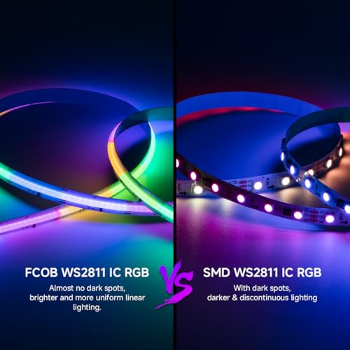 Image of SEZO WS2811 IC RGB COB LED Strip Lights 16.4FT 864LEDs /M DC12V 12mm Width CRI 90+ IP30 High Density Uniform Color Chasing Addressable RGB FCOB LED Tape for Home Decor DIY(No Adapter & Controller)