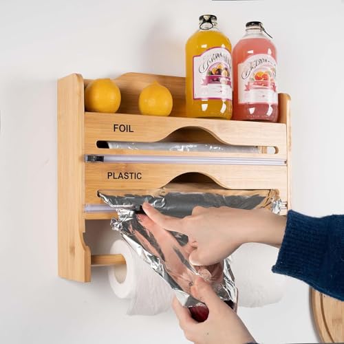 Dispenser e taglierina 3 in 1, in bambù, per pellicola trasparente, fogli di latta e carta pergamena, adatto per rotoli da 34,3 cm, organizer da cucina, durevole ed elegante (bianco)