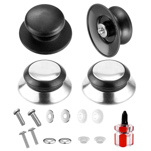 YIPFEN 4 piezas pomo tapa con tornillos, repuesto universal en negro y plata, resistente al calor para tapas de vidrio, tapaderas para sartenes, cacerolas y ollas