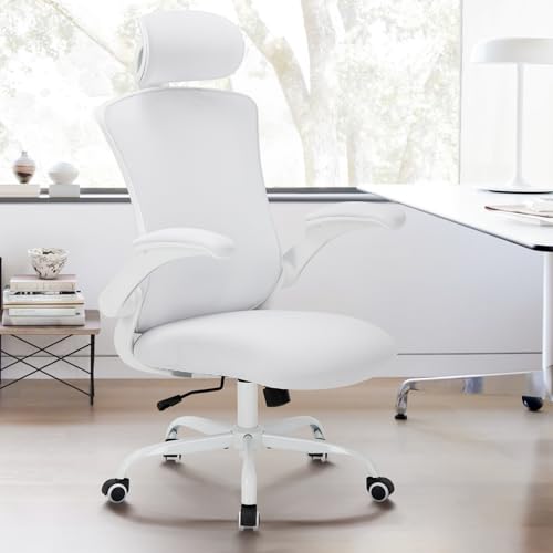 COLAMY Home Office Chair, Mesh Chair with Lumbar and Head Support for Work Home Office, Color White