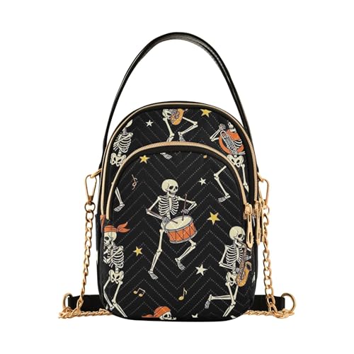 One Shoulder Handbags Cute Skeletons Musical Black Quilted Phone Handbag Small Chain Purse Cute Zipper Lady Crossbody Bag, 5.9