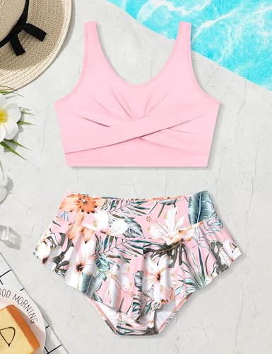Qaoerde Girls Swimsuit Tropical Print Bikini Set with Ruffle Hem Two Piece Criss Cross Bathing Suits for Girls 7-14 Years4