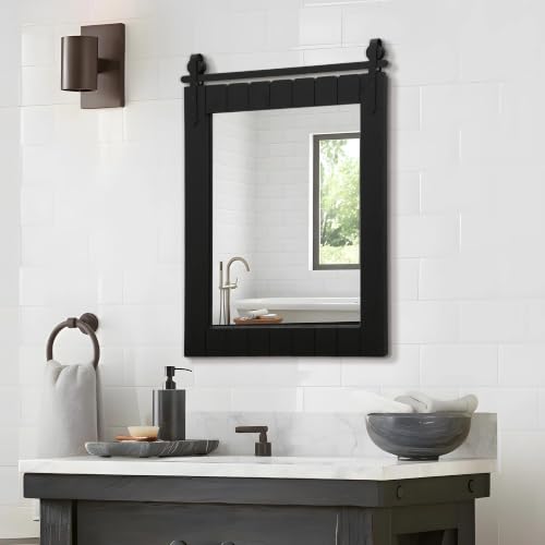Image of Besdomus Rustic Bathroom Farmhouse Mirror: 22 inchx30 inch Black Barn Door Mirror | No Assembly Required - Solid Wood Frame - Wall Mounted for Over Sink /Bedroom /Entryway /Living Room - Ideal for Home Renovation