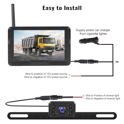 Image of Wireless Backup Camera for Car with 5 inch Monitor Easy Setup IR Night Vision IP69 Waterproof License Plate Reverse Camera DIY Parking Lines Rear View Camera System for Car Truck SUV Pickup Van