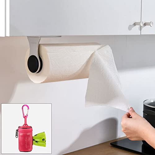 Simpletome One Hand Tear Paper Towel Holder Under Cabinet/Wall (Silver) + Poop Bag Holder (Microfiber Leather Pink) #TOP14