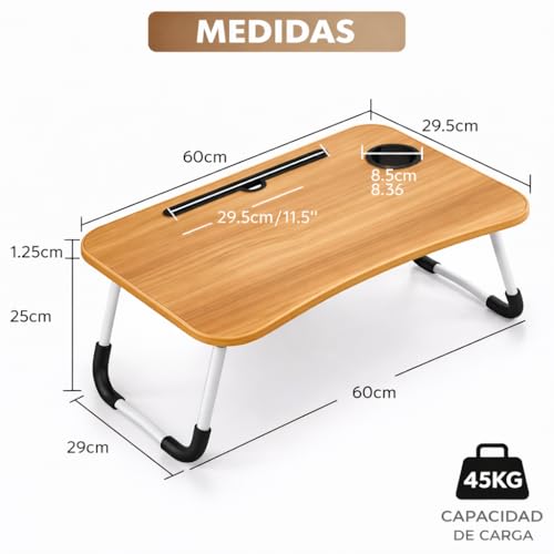 Miniatura 3 de Mesa Plegable Auxiliar Portátil Pequeña. Mesita Para Ordenador En Cama, Sofa, Salón, Cocina, Suelo. Posavasos. Patas Antideslizantes. Ranura Para Tablet Y Pen. Superficie Texturizada. 60x40cm