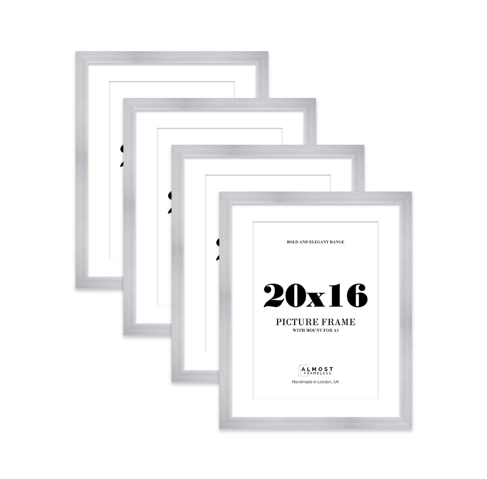 20x16" Silver Frame With Mount for A3 Pictures 28mm Edge Portrait and Landscape Display with Wall Hooks, 4 Pack