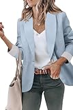 Genhoo Blazers for Women 3/4 Striped Fold Sleeve Open Front Lightweight Work Office Jackets Blazer Light Blue S